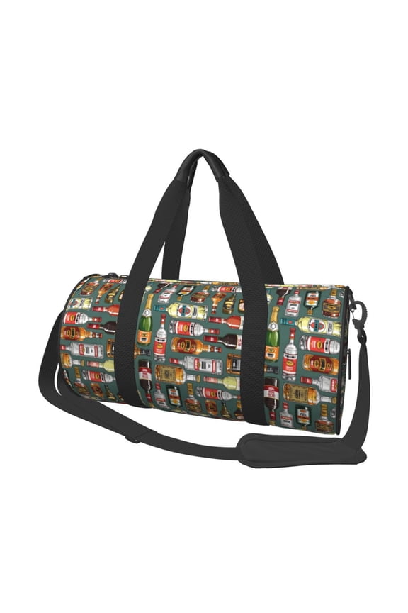 Alcohol Bottles Print Foldable Travel Duffle Bag with Removable Strap - Water-Resistant Gym Vacation Luggage Multi-Pocket Design