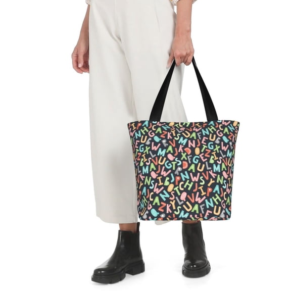 Horeoi Alphabet Print Shoulder Bag for Women Large Capacity Zipper Tote for Shopping Beach Travel Gym with Inner Pocket