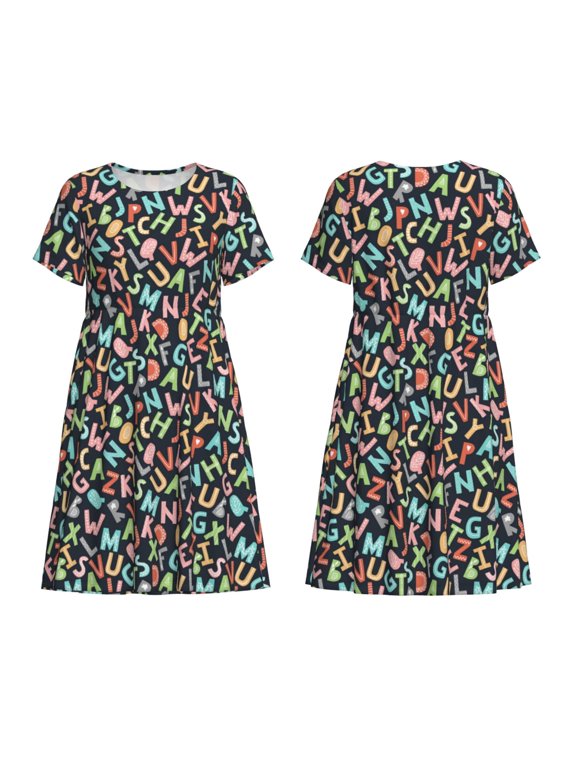 Alphabet Print Women's Short Sleeve Dress Breathable Polyester-Spandex All-Over Print A-Line Side Pockets Elastic Waist