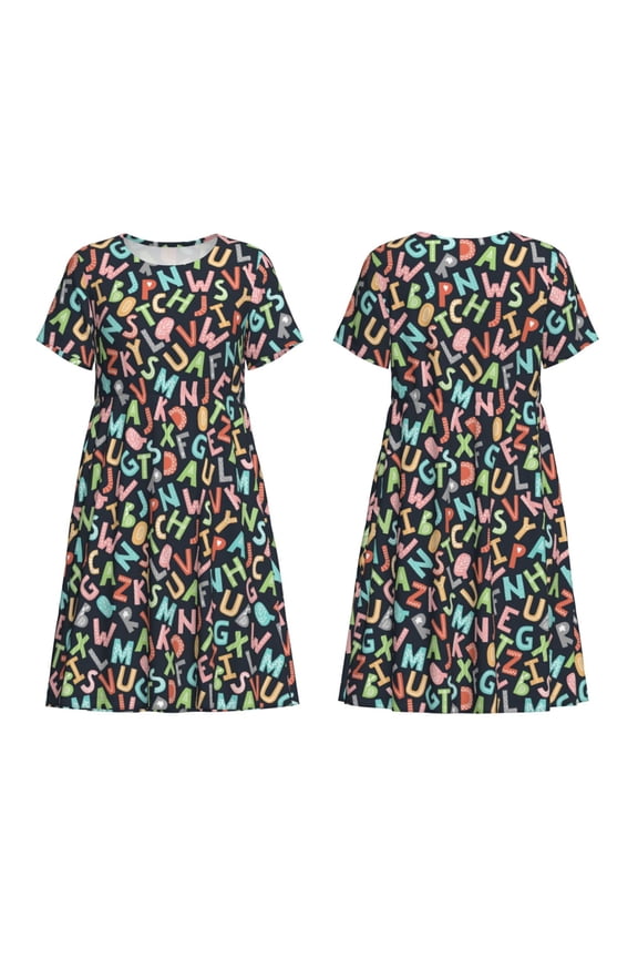 Alphabet Print Women's Short Sleeve Dress Breathable Polyester-Spandex All-Over Print A-Line Side Pockets Elastic Waist