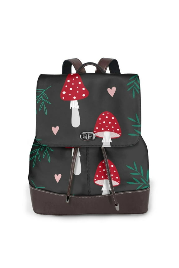 Amanita Mushroom for Womens Leather Backpack for School Travel Work or Casual Use with Zipper Pockets and Spacious Interior