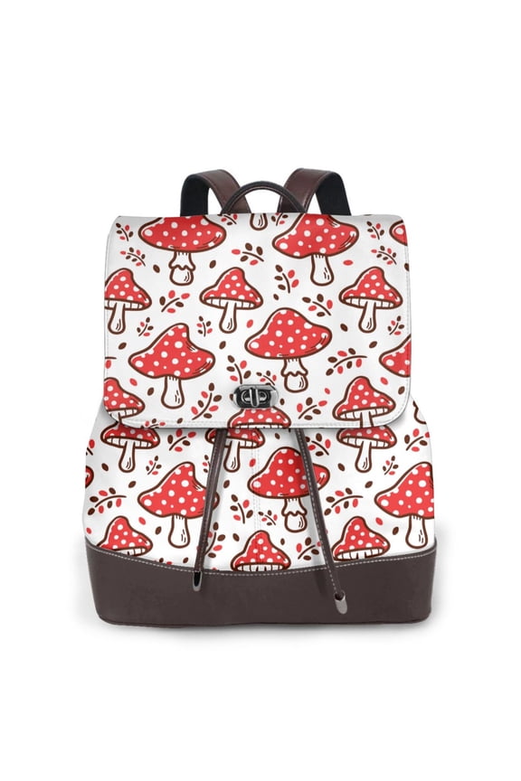 Amanita Red Mushroom for Womens Leather Backpack for School Travel Work or Casual Use with Zipper Pockets and Spacious Interior