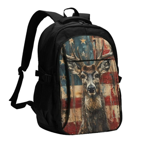 Horeoi American Flag Deer Art Print USB Backpack for Travel School Work with Laptop Compartment Charging Port and Anti-Theft Pocket