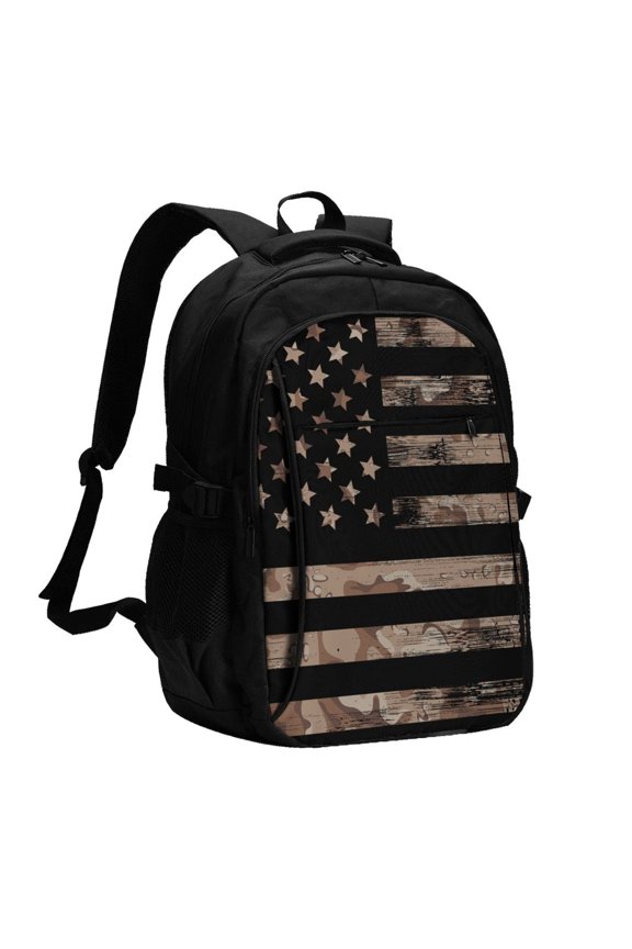 American Flag with Desert Camouflage Print USB Backpack for Travel School Work with Laptop Compartment Charging Port and Anti-Theft Pocket