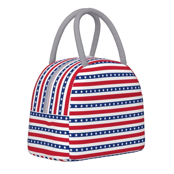 Horeoi American Patriotic Stars And Stripes Pattern Large Insulated Lunch Bag for Work, School, Picnic - Waterproof, Durable Oxford Cloth, Comfortable Handle-Light Grey