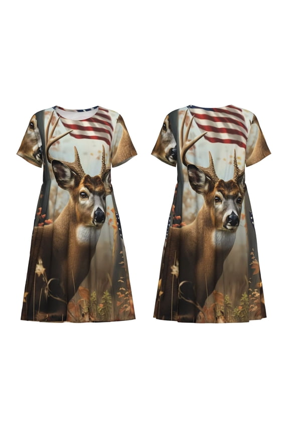 American Wildlife Deer Forest Print Women's Short Sleeve Dress Breathable Polyester-Spandex All-Over Print A-Line Side Pockets Elastic Waist