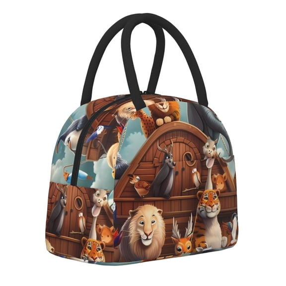 Horeoi Animal Filled Noahs Ark Pattern Large Insulated Lunch Bag for Work, School, Picnic - Waterproof, Durable Oxford Cloth, Comfortable Handle-Black