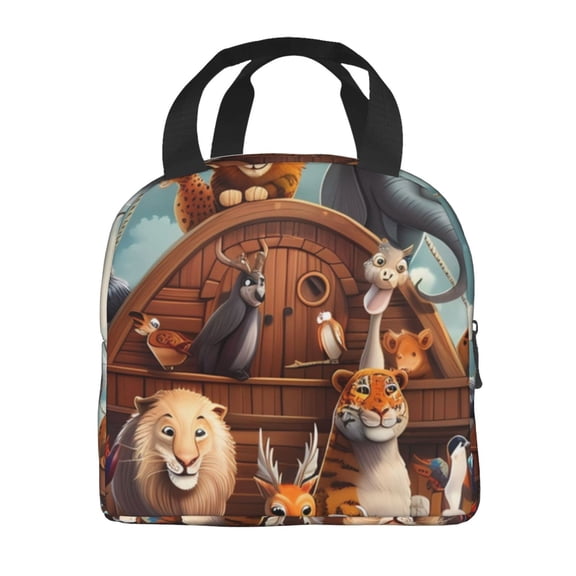 Horeoi Animal Filled Noahs Ark Pattern Lunch Bag for Work Picnic Travel Use Thermal Tote with Front Pocket for Women Men Students