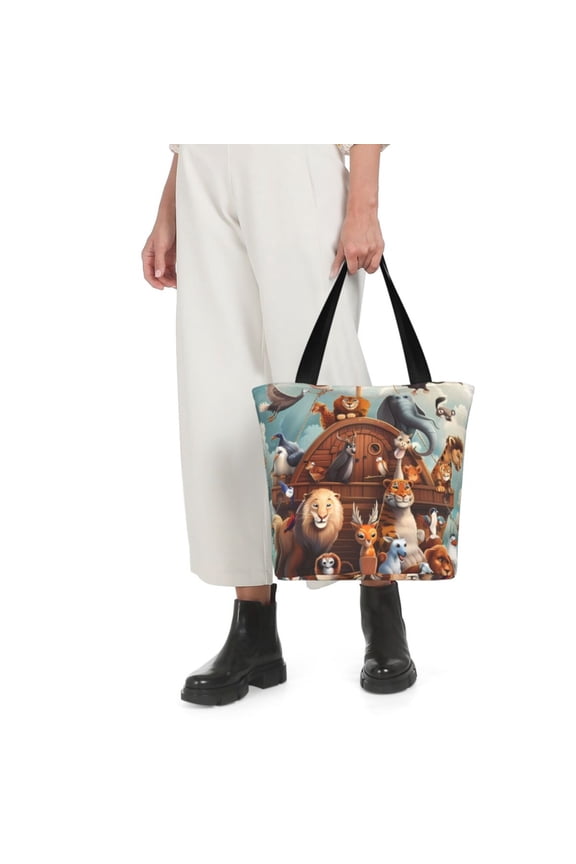 Animal Filled Noahs Ark Print Shoulder Bag for Women Large Capacity Zipper Tote for Shopping Beach Travel Gym with Inner Pocket