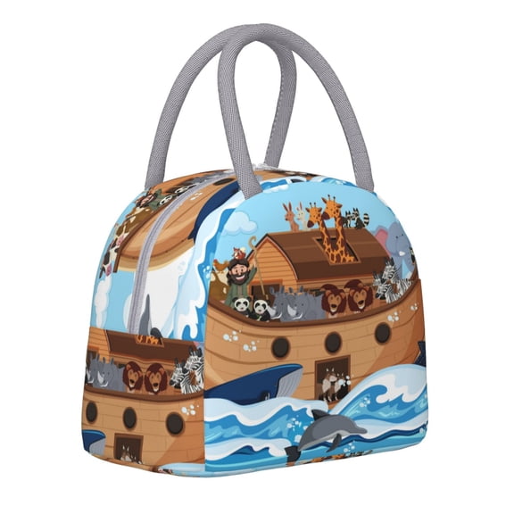 Horeoi Animals on Noah's Ark Pattern Large Insulated Lunch Bag for Work, School, Picnic - Waterproof, Durable Oxford Cloth, Comfortable Handle-Light Grey