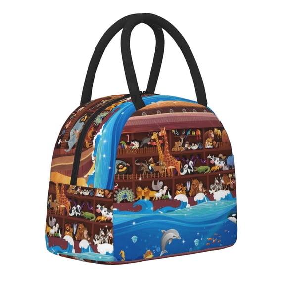 Horeoi Animals On Noah's Ark2 Pattern Large Insulated Lunch Bag for Work, School, Picnic - Waterproof, Durable Oxford Cloth, Comfortable Handle-Black