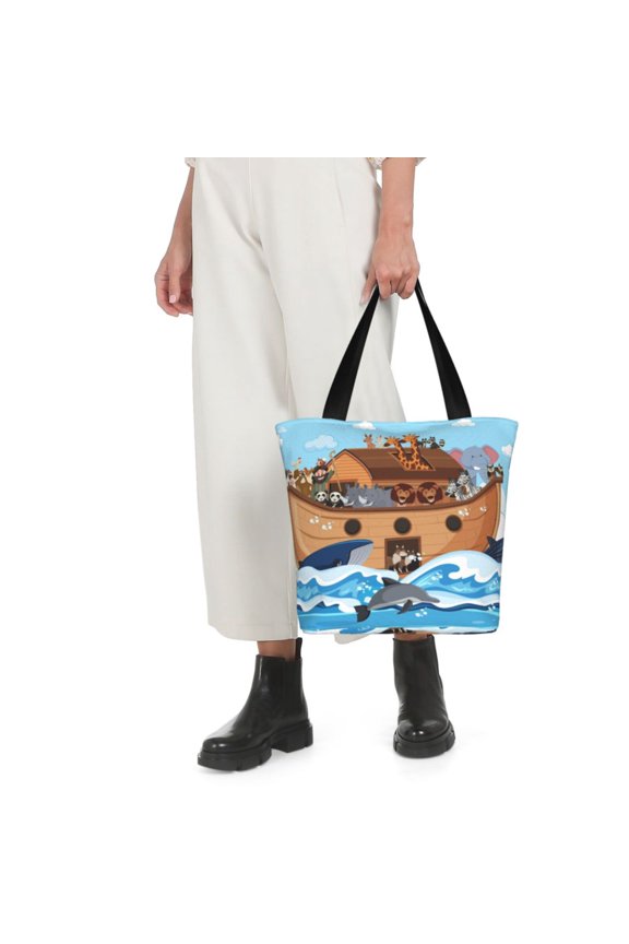 Animals on Noah's Ark Print Shoulder Bag for Women Large Capacity Zipper Tote for Shopping Beach Travel Gym with Inner Pocket