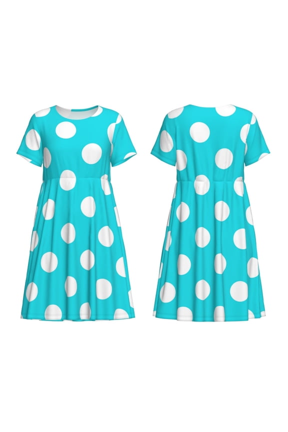 Aqua And White Polka Dot Print Women's Short Sleeve Dress Breathable Polyester-Spandex All-Over Print A-Line Side Pockets Elastic Waist