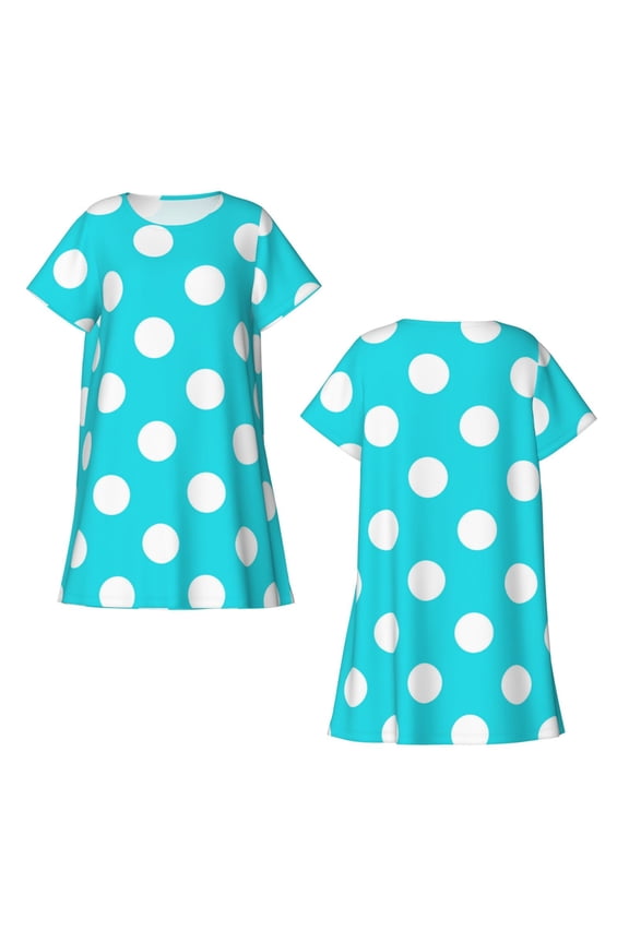 Aqua And White Polka Dot Print Women's Short-sleeved Nightdress Breathable Cotton-like Material Loose A-line Knee-length