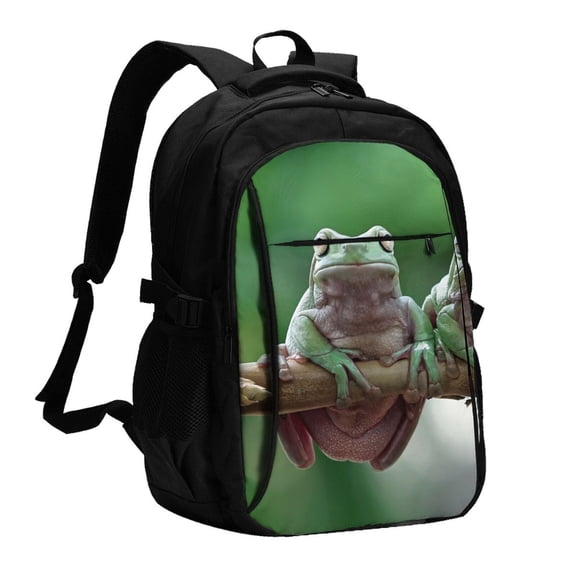 Horeoi Australian White Tree Frog Sitting on Branch Print USB Backpack for Travel School Work with Laptop Compartment Charging Port and Anti-Theft Pocket