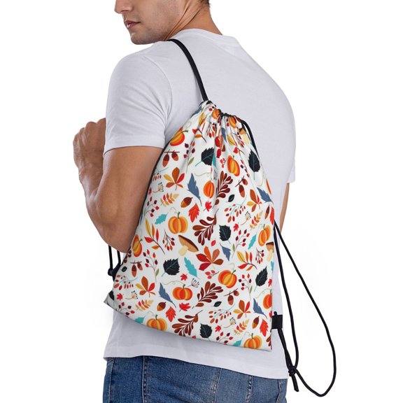 Horeoi Autumn Pumpkins Fall Leaves Print Drawstring Bags for Gym Sports Yoga Travel Lightweight Foldable Sackpack for Men Women Teens