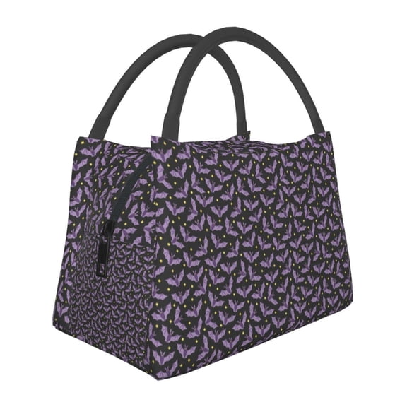 Horeoi Bat Purple Pattern Portable Insulation Bag for Work Picnic Travel with Zipper and Handle Foldable Thermal Lunch Tote