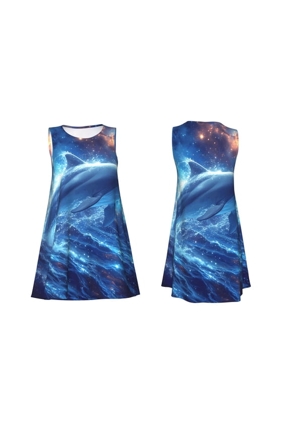 Beautiful Ocean Dolphin Print Women's Sleeveless Dress Cotton-like Flared Hem Deep Side Pockets Above-Knee