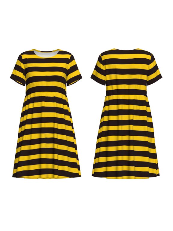Bee Stripe Print Women's Short Sleeve Dress Breathable Polyester-Spandex All-Over Print A-Line Side Pockets Elastic Waist