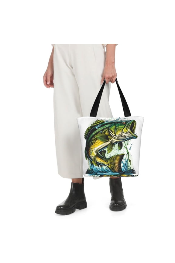 Big bass fish Print Shoulder Bag for Women Large Capacity Zipper Tote for Shopping Beach Travel Gym with Inner Pocket