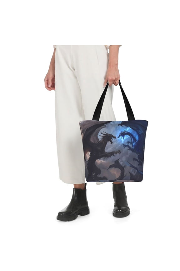 Black And Blue Lightning Dragon Print Shoulder Bag for Women Large Capacity Zipper Tote for Shopping Beach Travel Gym with Inner Pocket