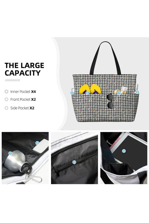 Black And White Houndstooth Print Large Capacity Beach Travel Bag Waterproof Polyester with Multiple Pockets for Beach Camping Gym