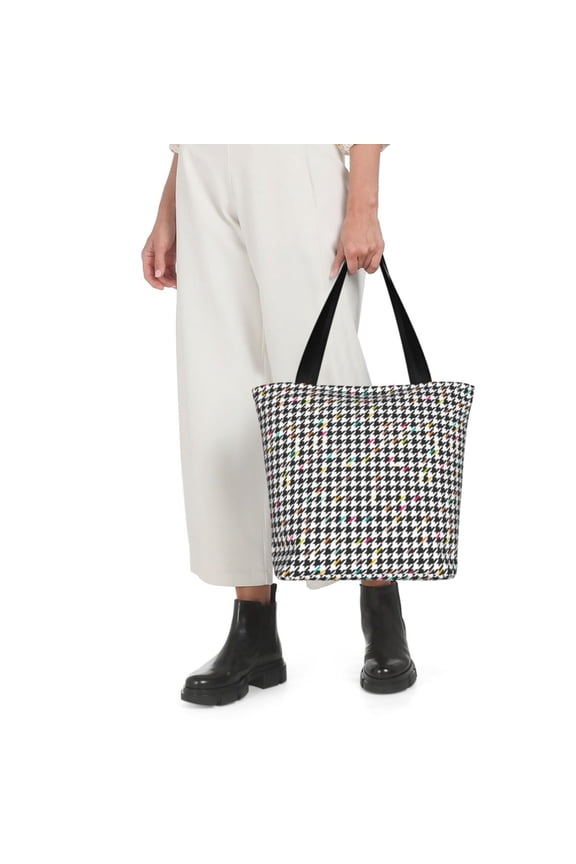 Black And White Houndstooth Print Shoulder Bag for Women Large Capacity Zipper Tote for Shopping Beach Travel Gym with Inner Pocket