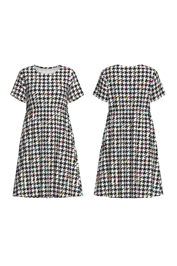 Black And White Houndstooth Print Women's Short Sleeve Dress Breathable Polyester-Spandex All-Over Print A-Line Side Pockets Elastic Waist