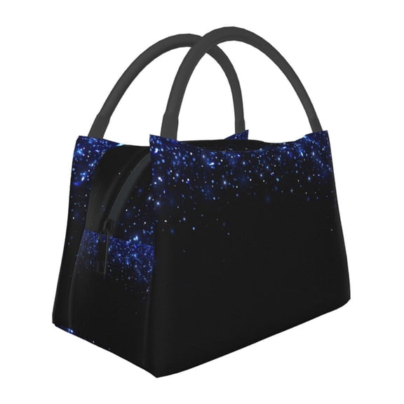 Horeoi Black Blue Glitter Sparkles Pattern Portable Insulation Bag for Work Picnic Travel with Zipper and Handle Foldable Thermal Lunch Tote