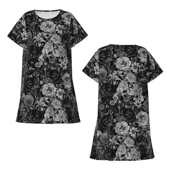 Horeoi Black Cats In A Garden Print Women's Short-sleeved Nightdress Breathable Cotton-like Material Loose A-line Knee-length