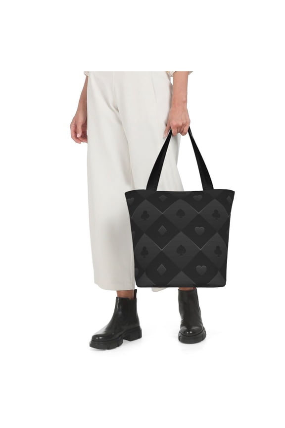 Black Poker Print Shoulder Bag for Women Large Capacity Zipper Tote for Shopping Beach Travel Gym with Inner Pocket