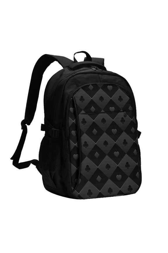 Black Poker Print USB Backpack for Travel School Work with Laptop Compartment Charging Port and Anti-Theft Pocket