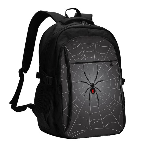 Horeoi Black Spider On Web Print USB Backpack for Travel School Work with Laptop Compartment Charging Port and Anti-Theft Pocket
