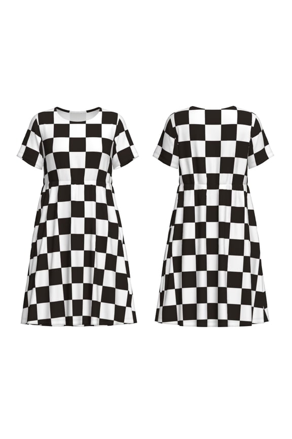 Black and White Checkerboard Print Women's Short Sleeve Dress Breathable Polyester-Spandex All-Over Print A-Line Side Pockets Elastic Waist