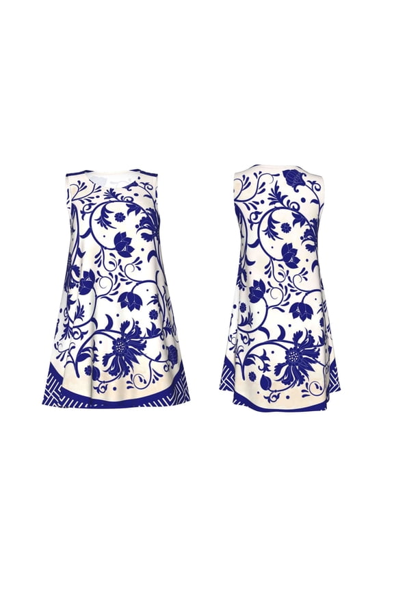 Blue And White Porcelain Pattern Print Women's Sleeveless Dress Cotton-like Flared Hem Deep Side Pockets Above-Knee