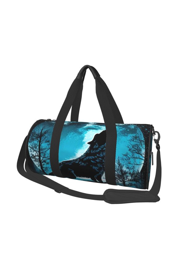 Blue Full Moon Wolf Print Foldable Travel Duffle Bag with Removable Strap - Water-Resistant Gym Vacation Luggage Multi-Pocket Design