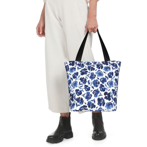 Horeoi Blue Ink Flowers Print Shoulder Bag for Women Large Capacity Zipper Tote for Shopping Beach Travel Gym with Inner Pocket