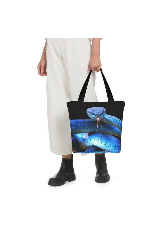 Blue Viper Snake Print Shoulder Bag for Women Large Capacity Zipper Tote for Shopping Beach Travel Gym with Inner Pocket