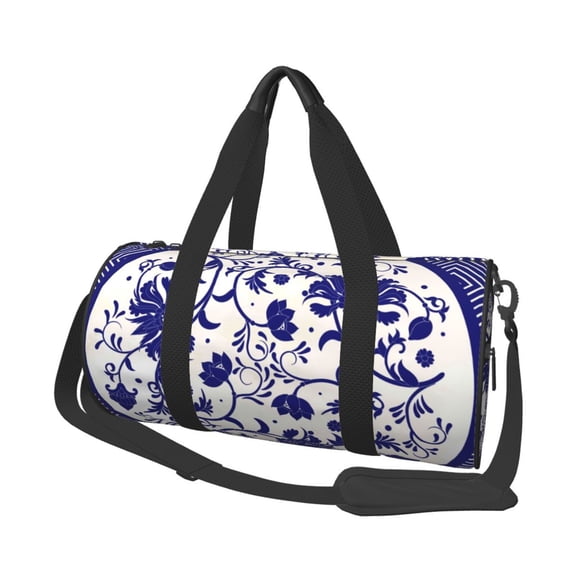 Horeoi Blue And White Porcelain Pattern Print Foldable Travel Duffle Bag with Removable Strap - Water-Resistant Gym Vacation Luggage Multi-Pocket Design