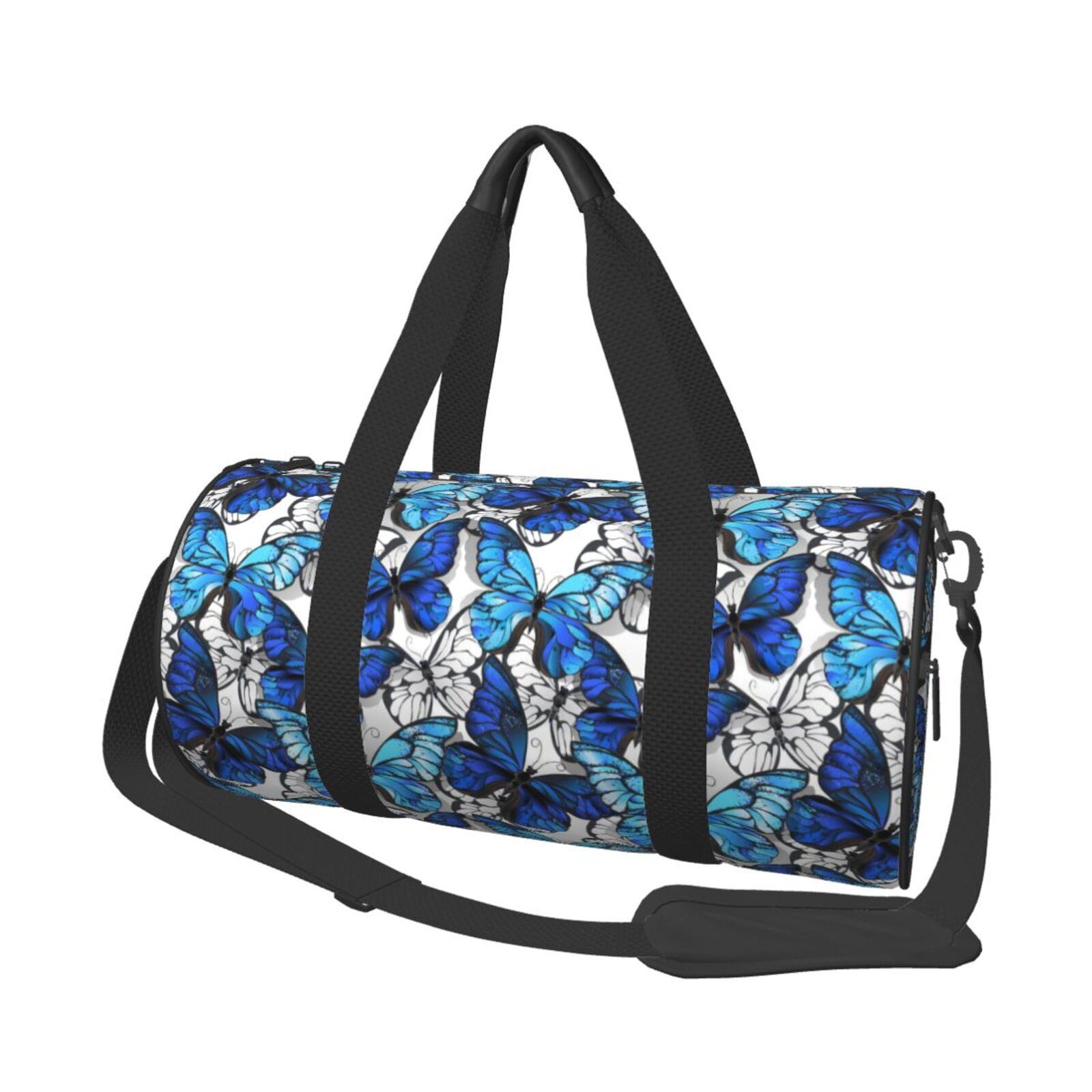 Horeoi Blue and White Butterflies Print Foldable Travel Duffle Bag with Removable Strap - Water-Resistant Gym Vacation Luggage Multi-Pocket Design