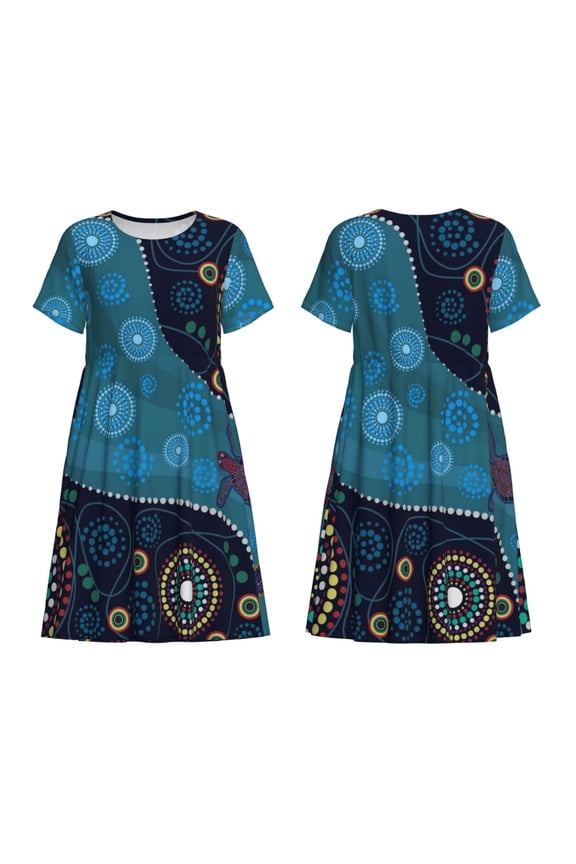 Bohemian Turtle Print Women's Short Sleeve Dress Breathable Polyester-Spandex All-Over Print A-Line Side Pockets Elastic Waist