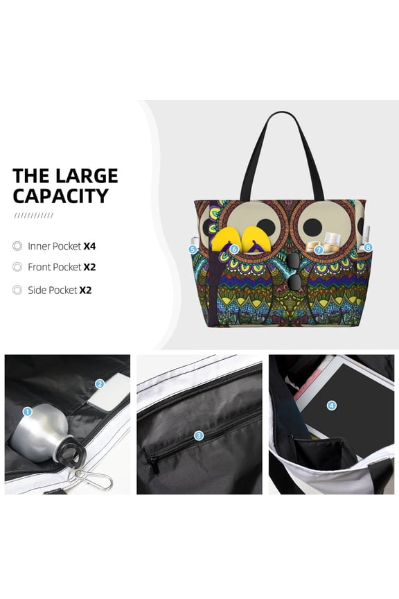 Boho Owl Print Large Capacity Beach Travel Bag Waterproof Polyester with Multiple Pockets for Beach Camping Gym