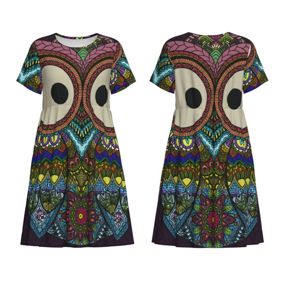 Horeoi Boho Owl Print Women's Short Sleeve Dress Breathable Polyester-Spandex All-Over Print A-Line Side Pockets Elastic Waist