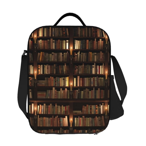 Horeoi Bookshelves Pattern Insulated Thermal Lunch Bag with Leakproof Compartments for Office School Picnic Reusable Oxford Tote