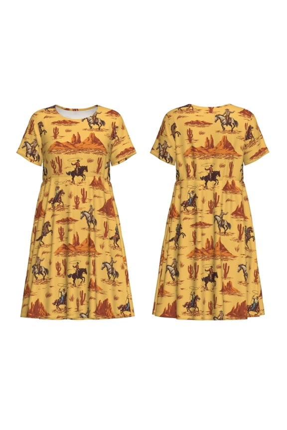 Brave Cowboys Print Women's Short Sleeve Dress Breathable Polyester-Spandex All-Over Print A-Line Side Pockets Elastic Waist
