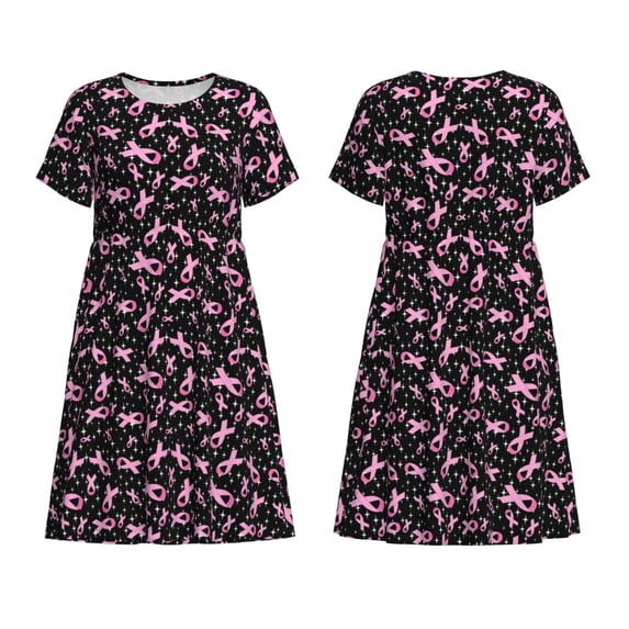 Horeoi Breast Cancer Awareness (2) Print Women's Short Sleeve Dress Breathable Polyester-Spandex All-Over Print A-Line Side Pockets Elastic Waist