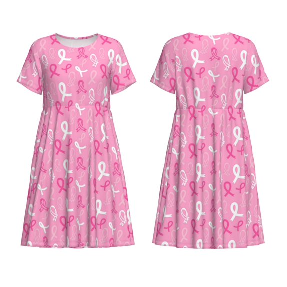 Horeoi Breast Cancer Awareness (3) Print Women's Short Sleeve Dress Breathable Polyester-Spandex All-Over Print A-Line Side Pockets Elastic Waist