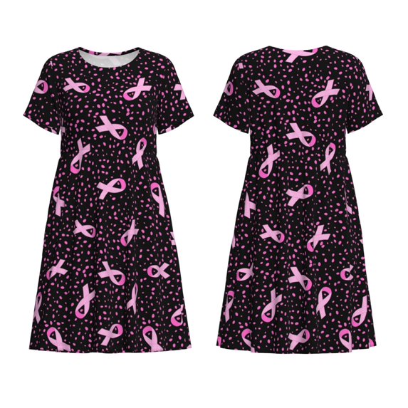 Horeoi Breast Cancer Awareness3 Print Women's Short Sleeve Dress Breathable Polyester-Spandex All-Over Print A-Line Side Pockets Elastic Waist