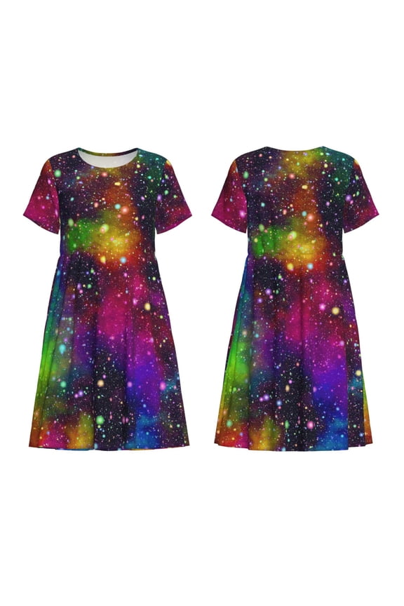 Bright Universe Print Women's Short Sleeve Dress Breathable Polyester-Spandex All-Over Print A-Line Side Pockets Elastic Waist
