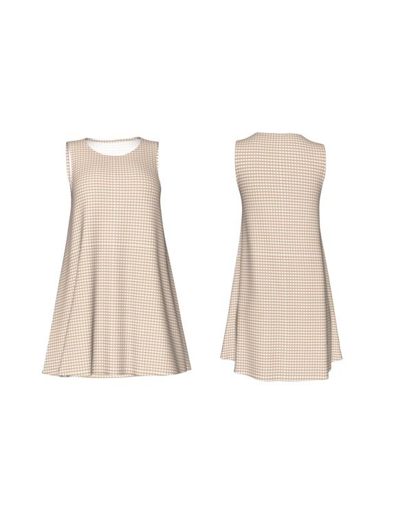 Brown Gingham Print Women's Sleeveless Dress Cotton-like Flared Hem Deep Side Pockets Above-Knee